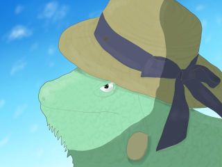 麦わら帽子をかぶったイグアナ