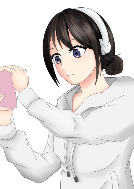 スマホで写真を撮るヘッドフォン女子高生