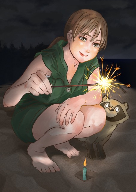 手持ち花火とたぬき