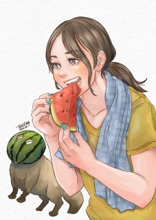 スイカを食べる女の子とたぬき