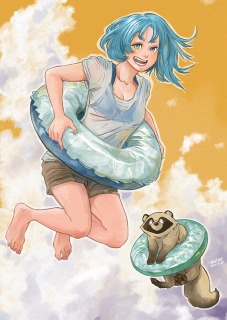 飛んでる女の子とたぬき