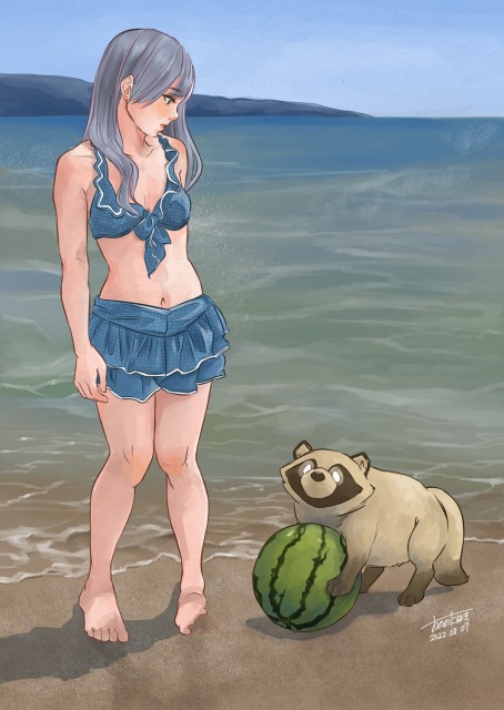 スイカと海辺とたぬき