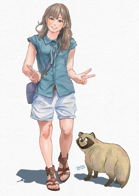 ダブルピースとたぬき