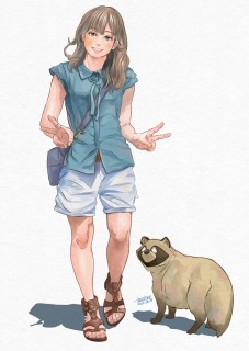 ダブルピースとたぬき