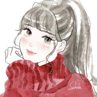 赤ニット x ポニーテール