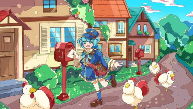 手紙を届けるまんぷくぽぽさんとニワトリたち