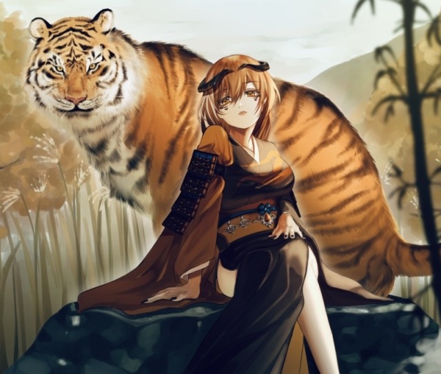 一枚絵　虎とキャラクターイラスト