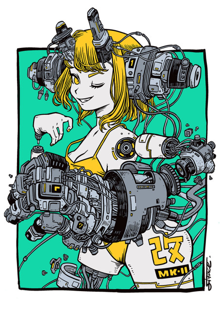 左手を改造中のサイボーグの女の子