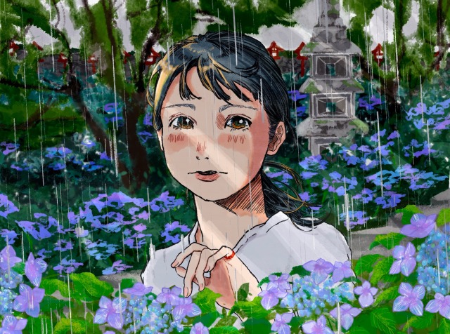 デジタルイラスト　人物と花