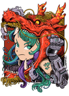 ドラゴンの頭とサイボーグの女の子