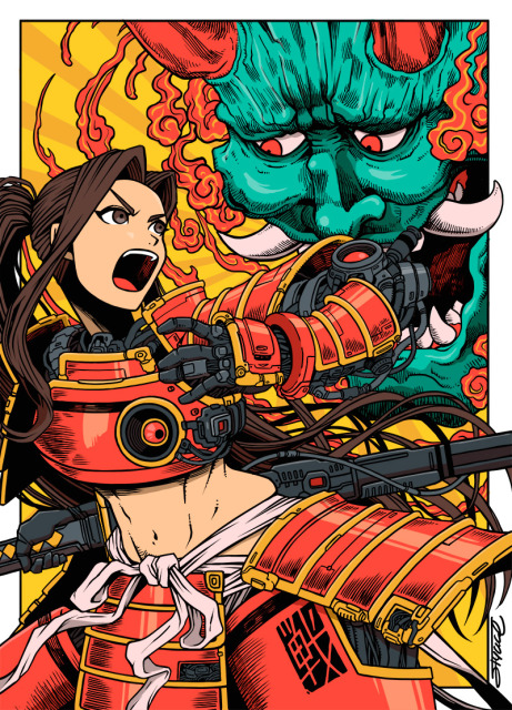 朱色の侍サイボーグガール（と鬼）