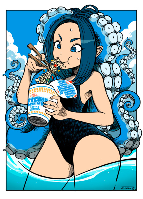 カップ麺をすするタコの女の子