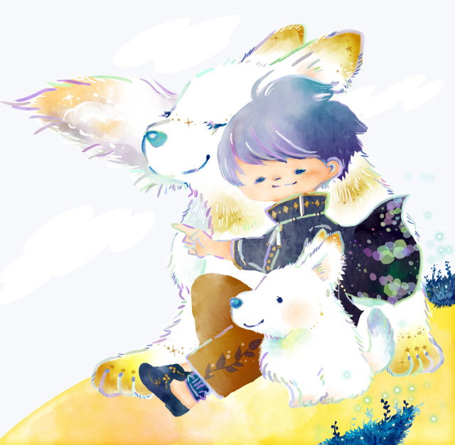 山犬親子と少年