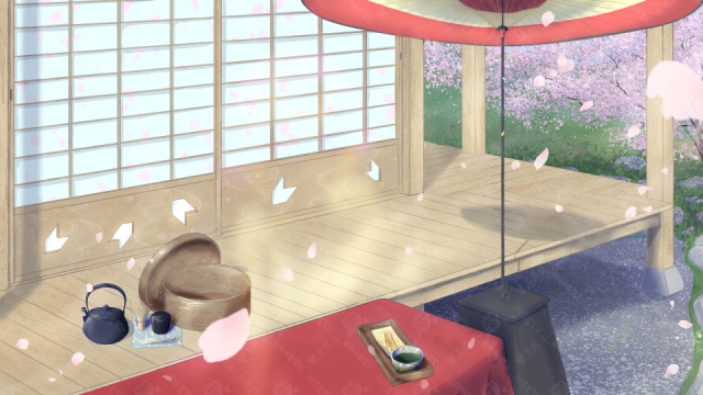 桜舞う茶会の縁側