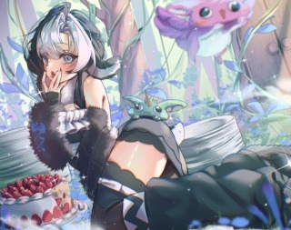 誕生日イラスト(全身(複雑構図)+背景+マスコット+小物)