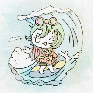 ミニキャラ水彩イラスト(ヴィネット風背景付きサンプル)