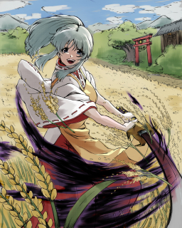 稲穂を刈る巫女